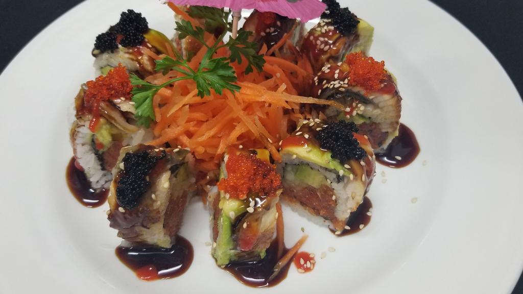 Dragon Special Roll · Spicy tuna, cucumber, avocado, topped with eel sauce, sriracha ans caviar
