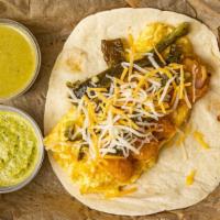 Shrimp, Egg, Cheese · Comes in a 6 inch flour tortilla, scrambled eggs with fried shrimp,poblano peppers, cilantro...