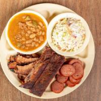 3 Meat Plate · Your choice of three meats served with Bbq sauce and two sides.