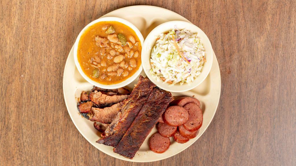 3 Meat Plate · Your choice of three meats served with Bbq sauce and two sides.