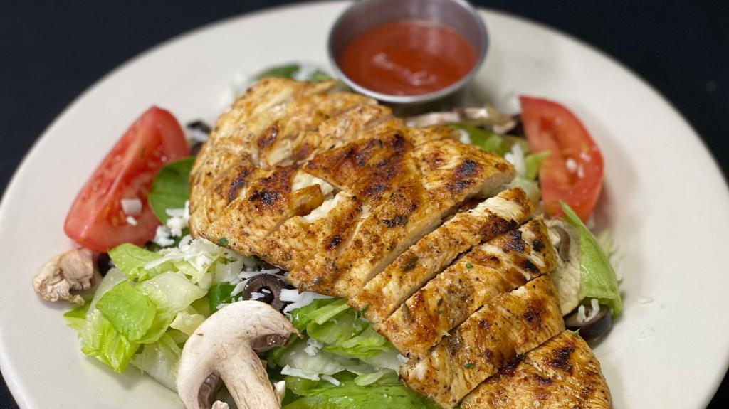 Venezia Chicken Salad · A mix of greens with black olives, mushrooms, and tomatoes. Topped with grilled chicken, mozzarella cheese & served with our House tomato basil dressing (served on the side).