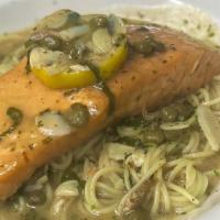 Atlantic Salmon
 · Atlantic salmon cooked in lemon wine sauce with capers. Served with pasta.