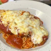 Chicken Parmigiana
 · Lightly fried breaded chicken, topped with marinara sauce and mozzarella cheese. Served with...