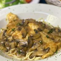 Chicken Marsala
 · Chicken sautéed with mushrooms in rich marsala wine sauce. Served with pasta.