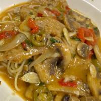 Chicken Arrabbiata · Chicken breast sautéed with mushrooms, jalapeños, and red peppers in a rich sherry wine sauc...