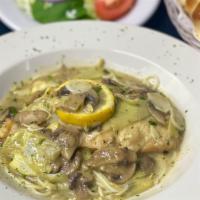 Chicken Carciofi
 · Cooked chicken breast sautéed with fresh mushrooms and artichoke hearts in a light lemon but...
