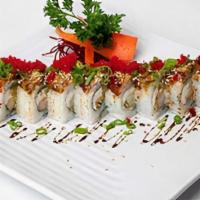 Golden Dragon Roll · Shrimp tempura, cucumber, cream cheese, topped with grilled fresh water eel, sweet soy sauce...