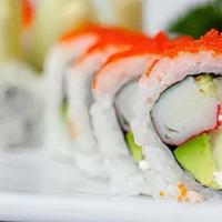 California Special Roll · Crab, cucumber, avocado, cream cheese and masago on the outside.