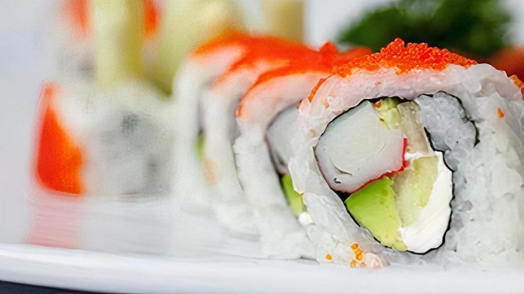 California Special Roll · Crab, cucumber, avocado, cream cheese and masago on the outside.