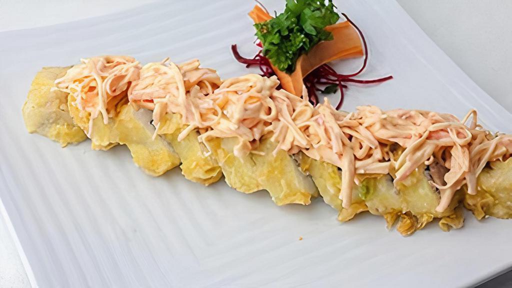 Fiji Roll · Crab, cream cheese, tempura and spicy crab on top.