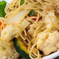 Yaki-Soba Chicken · Stir fried noodles with mixed vegetables and chicken.