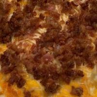 #3 Bacon, Mac & Cheese-Half (Halal) · ALFREDO SAUCE, MOZZARELLA, PARMESAN, CHEDDAR, BACON [ 180-360 CAL]