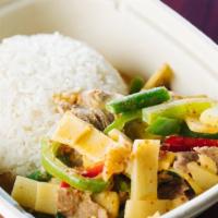 Red Curry (Gang Dang) · Spicy. Red curry with bell peppers, bamboo shoots, and string beans simmered in coconut milk...