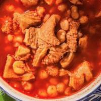 Pozole Tapatio · Hominy soup with tender pork served with bolillo bread.