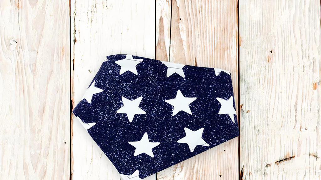 Navy Stars Dog Bandana · A beautifully constructed high quality dog bandana--great for stylin' pups.

BibbyBubby bandanas are backed with white flannel and equipped with 4 plastic snaps on each side for an adjustable fit

Machine washable. Small: 8-10