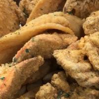 Northside Combo #3 Fish Fry Delight · Six fish strips, 12 shrimp, two sides & two fried blue crab.