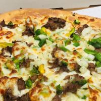 Philly Cheese Steak · Garlic sauce, sliced beef, onions, green peppers, provolone, and Mozzarella.