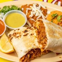 Giant Burrito Plate · Refried beans with rice and your choice of meat, wrapped in a giant flour tortilla. Served w...