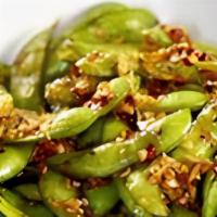 Spicy Edamame · Nutritious soy beans steamed, stir fried  with KK TL Sauce, garlic  and hot sauce.