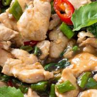 Pad Basil · Thai most popular stir fried: green beans, mushrooms, zucchini, bell pepper and accentuated ...