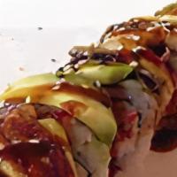 Dragon Roll  · Soft shell crab, shrimp tempura and cucumber Topped with eel, avocado, and eel sauce