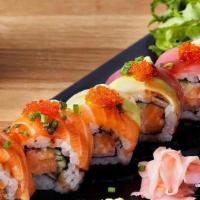 Rainbow Roll · California roll Topped with red tuna, white tuna, salmon and masago