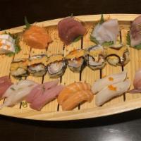Love Boat For Two · Chef's choice 12 pcs. sushi, 15 pcs. sashimi, California roll, and godzilla roll.