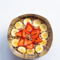 Breakfast Bowl (Small) · Base blend; organic açaí, almond milk, bananas, strawberries, flax seed. Toppings; organic g...