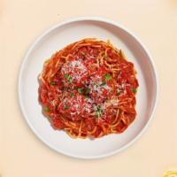 Spaghetti With A Chance Of Meatballs · Al dente spaghetti in our house made garlic marinara sauce paired with meatballs and topped ...