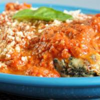 Spinach & Cheese Lasagna · Fresh pasta sheets layered with spinach, ricotta, mozzarella, Monterey jack cheese, and Parm...