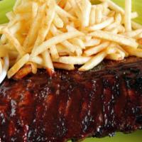 Danish Baby Back Ribs · Full rack of ribs, brushed with BBQ sauce, served with French fries and cinnamon apples.