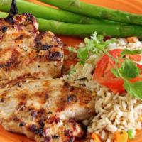 Grilled Chicken Breast · 10oz boneless, skinless, grilled chicken breast served with hearty grain rice and the vegeta...