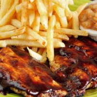 Barbecue Chicken Breast · 10oz boneless, skinless, grilled chicken breast brushed with BBQ sauce. Served with French f...