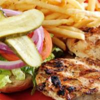 Grilled Chicken Sandwich · 10oz grilled chicken breast served open-faced with honey mustard, lettuce, tomato, onion, an...