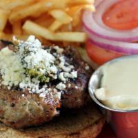 Grilled Turkey Burger · Seasoned ground turkey patty topped with homemade pesto and Parmesan cheese. Served open-fac...