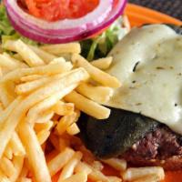 Green Chile Cheeseburger · Topped with a mild green chile pepper and jalapeño jack cheese. Served open-faced with mayo,...