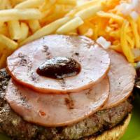 Hickory Bbq Burger · Topped with Canadian bacon and BBQ sauce Served open-faced with shredded cheddar cheese and ...