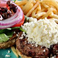 Spinach & Feta Burger · Topped with feta cheese, served open-faced with fresh spinach, tomato, onions, and kalamata ...