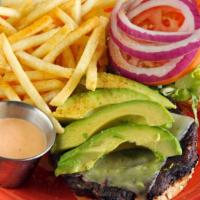 Chipotle Black Bean Burger · Mildly spicy black bean patty topped with Jalapeño Jack Cheese and avocado slices Served ope...