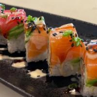 Rainbow · California roll with a variety of raw fish on top.
Consuming raw or uncooked meats, poultry,...