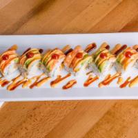 Tiger Roll · Baked. Shrimp Tempura, Crabmeat, Topped With Cooked Shrimp and Avocado (Eel Sauce, Spicy May...