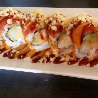 Spicy T. Crunch Roll · Spicy. Shrimp Tempura, Crabmeat, Cucumber, Topped With Spicy Tuna and Crunch Powder (Eel Sau...