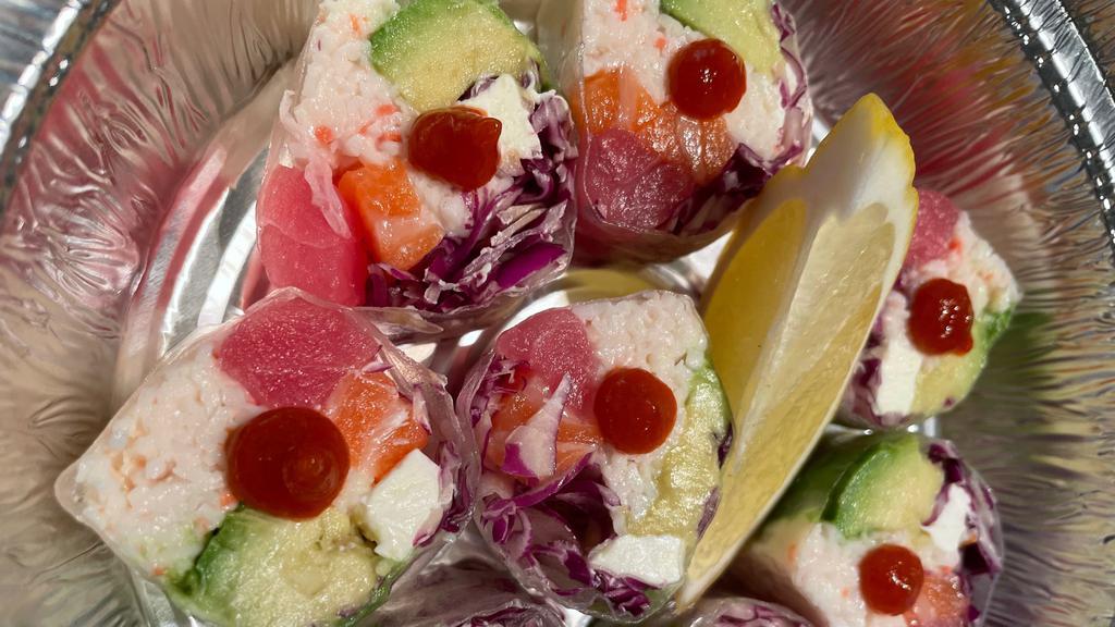Caribbean Roll · Fresh Tuna, Fresh Salmon, Crabmeat, Avocado, Cream Cheese, Red Cabbage<Rice Paper> (Sriracha, Ponzu Sauce)