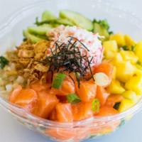 Wasabi Salmon · Sesame soy sauce, lettuce, kale, cucumber, sweet onion, pineapple, crabmeat, salmon, crispy ...
