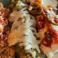 Verde Enchilada Dinner · Your choice of enchilada topped with verde sauce. served with mexican rice and your choice o...