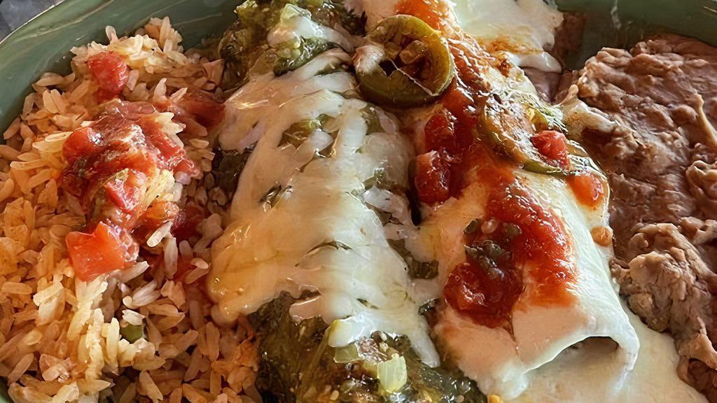 Verde Enchilada Dinner · Your choice of enchilada topped with verde sauce. served with mexican rice and your choice of refritos or grilled veggies.