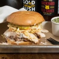 C.B.C · Prime angus brisket, smoked chicken breast, topped with onions, pickles, mustard coleslaw, d...