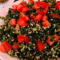 Tabouleh · Vegan. Cracked wheat, parsley, tomato, green onions, olive oil & lemon juice | served with p...