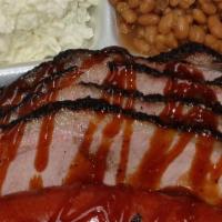 Sliced Brisket & Sausage Plate · With two sides.