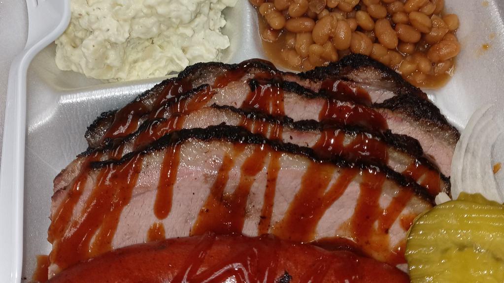 Sliced Brisket & Sausage Plate · With two sides.